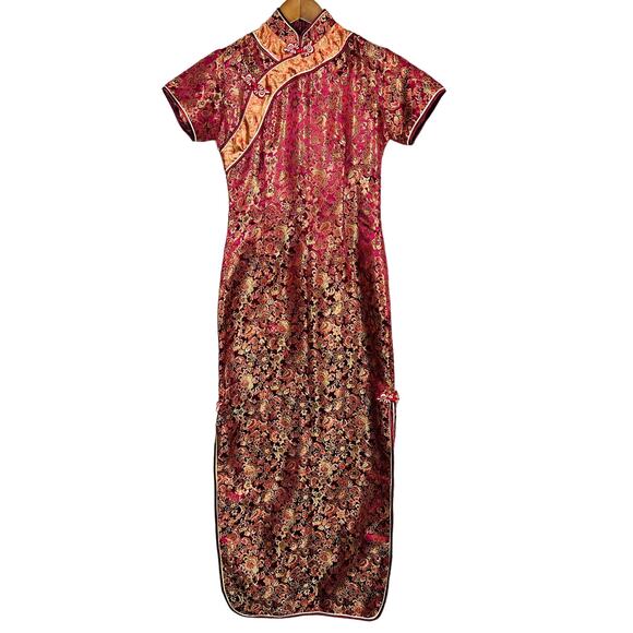 Silk Blend Asian Style Sheath Dress Red Gold - S - Picture 2 of 7